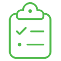 A green and black icon of a clipboard with a check mark.